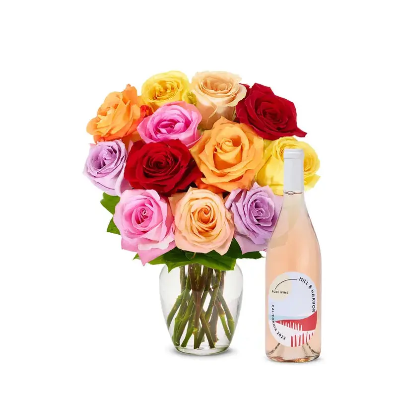 One Dozen Rainbow Roses and Ros