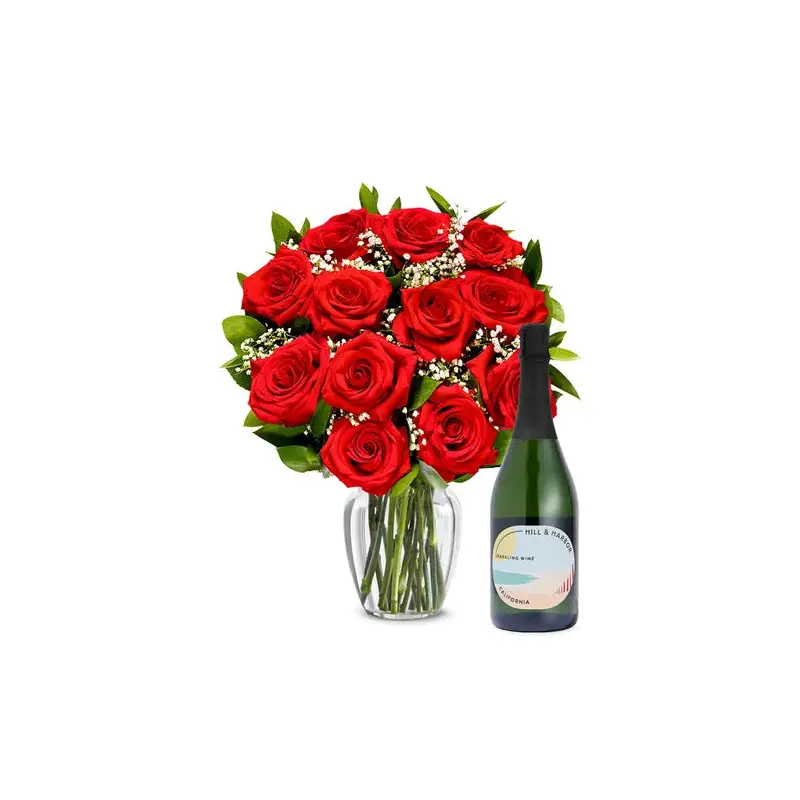 One Dozen Red Roses and Sparkling Wine