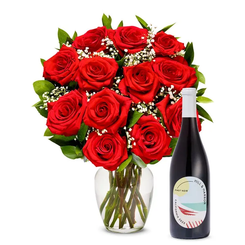 One Dozen Red Roses with Red Wine