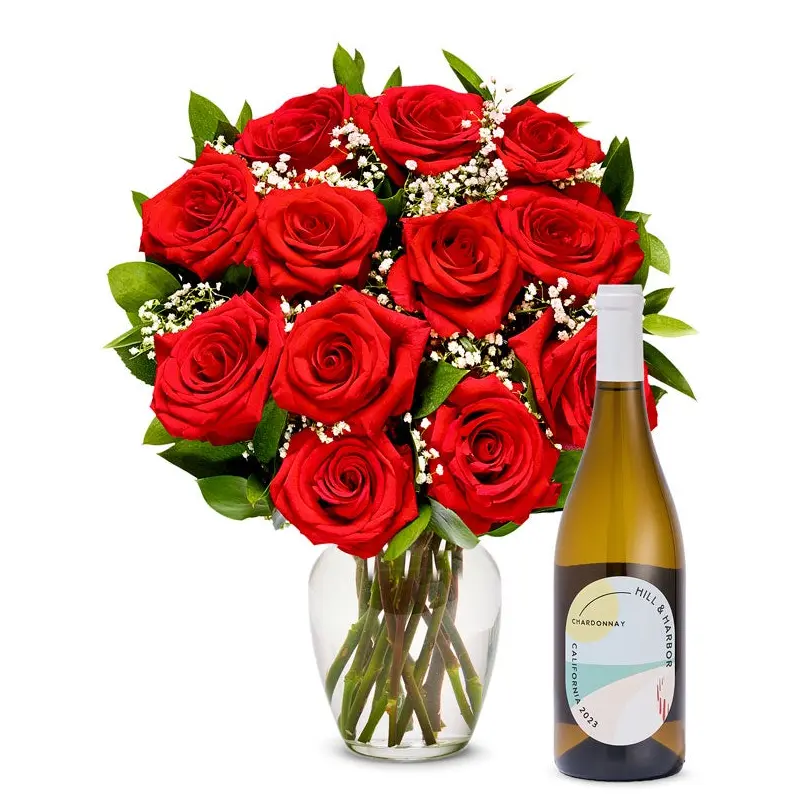 One Dozen Red Roses with White Wine