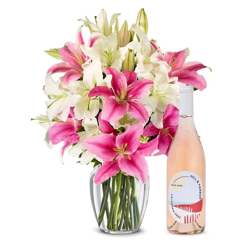 Pink and White Lilies with Ros Wine
