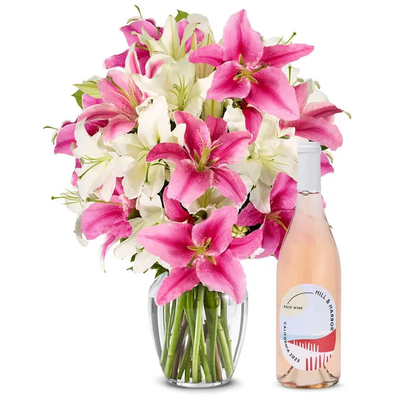 Premium Pink and White Lilies with Ros Wine