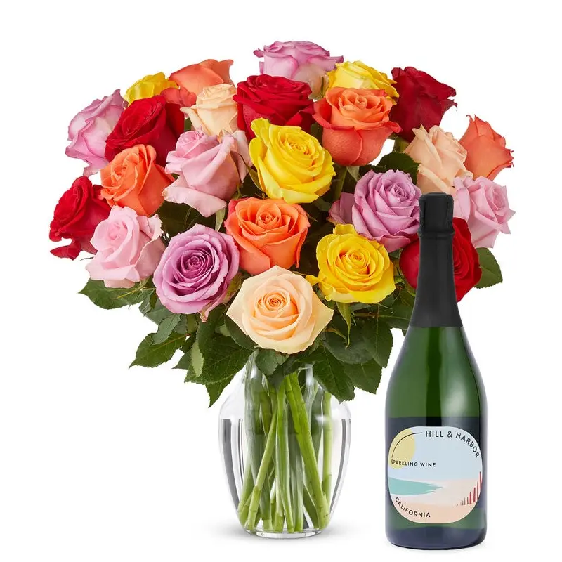 Two Dozen Rainbow Roses with Sparkling Wine