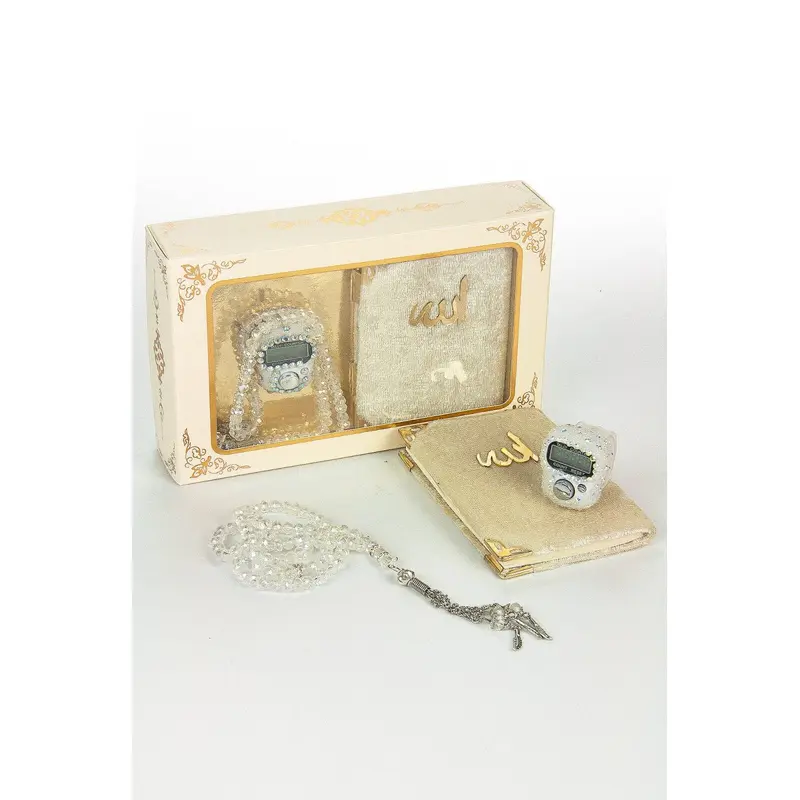 Mini Yasin, Crystal Stone Prayer Bead and Stone Designed Dhikrmatic Gift Set. Cream Color