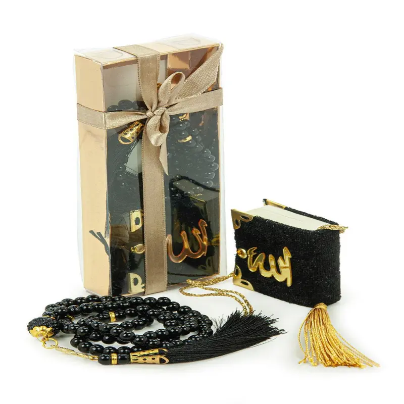 Pearl Prayer Beads and Mini Velvet Quran Gift Set - Black