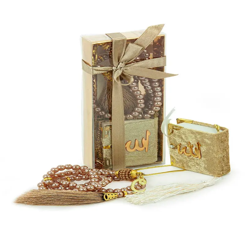 Pearl Prayer Beads and Mini Velvet Quran Gift Set - Gold