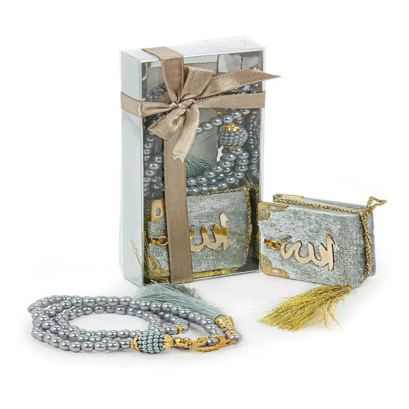 Pearl Prayer Beads and Mini Velvet Quran Gift Set - Gray