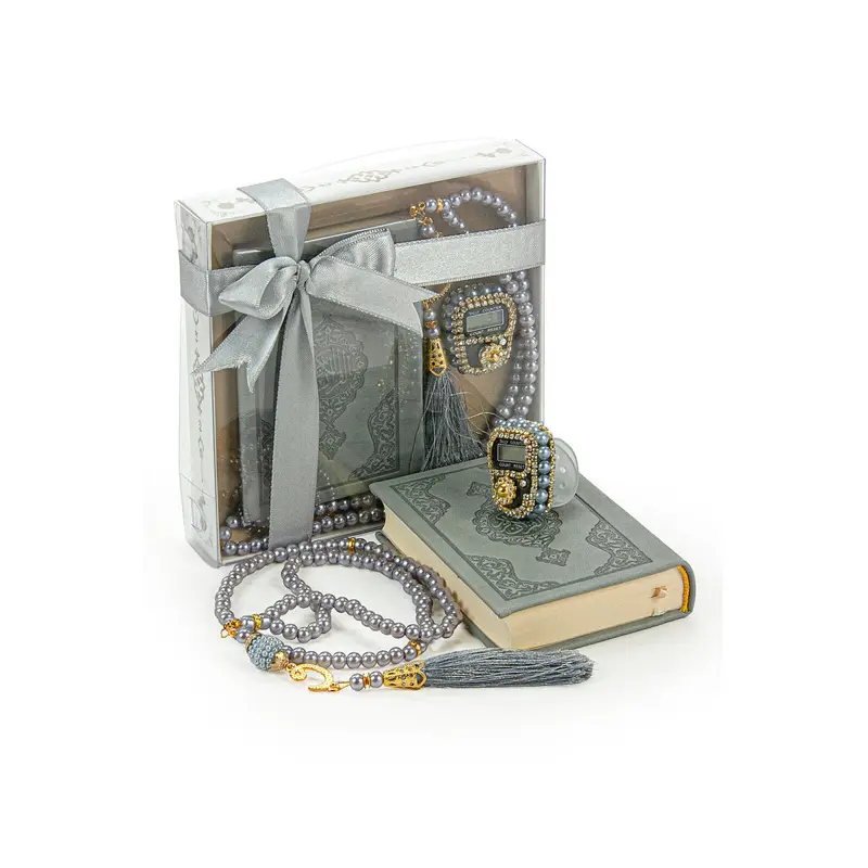 Pearl Tasbih and Grey Quran in Medina Fonts Gift Set Religious Gift
