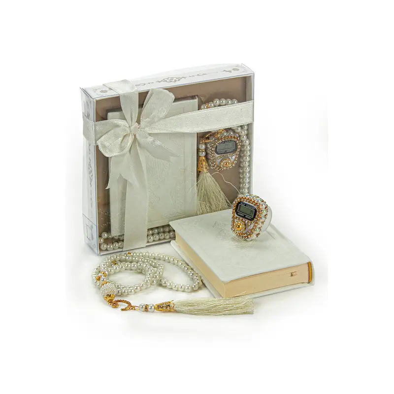 Pearl Tasbih and White Quran in Medina Fonts Gift Set Religious Gift