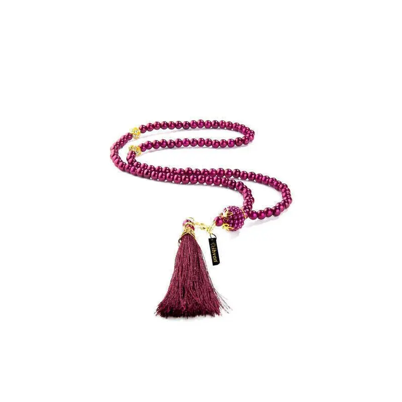 Pearl Tasbih with Waw and Ottoman Tugra, 99 Beads - Fuchsia