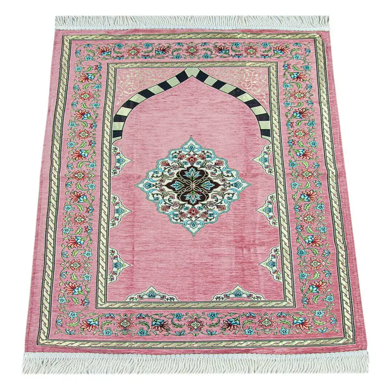 Pink Flower Motifed Mihrab Lined Chenille Prayer Rug