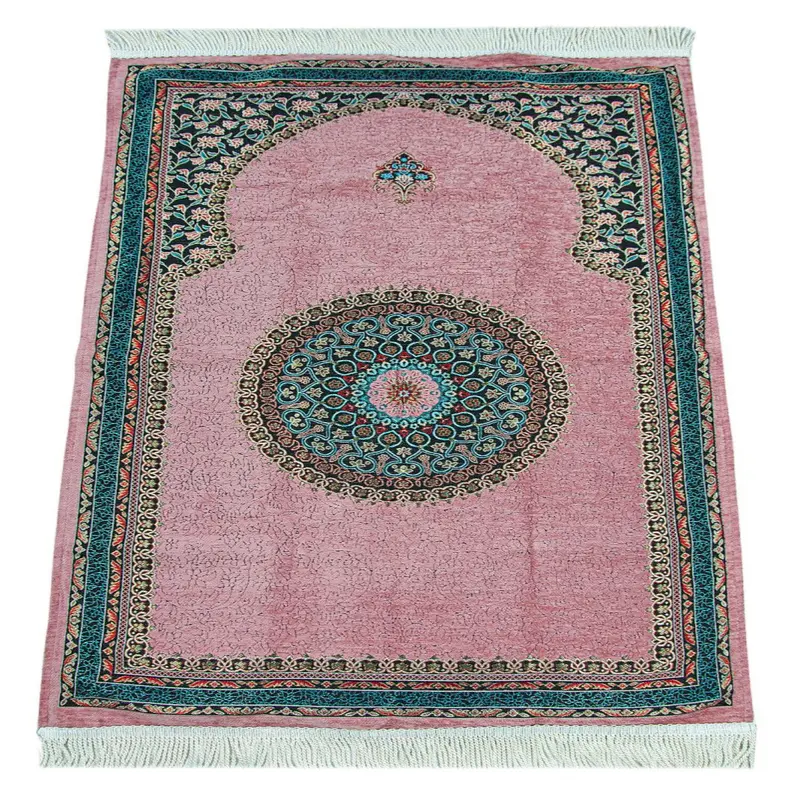 Pink Traditional Motif Knitted Fringed Mihrab Lined Chenille Prayer Rug