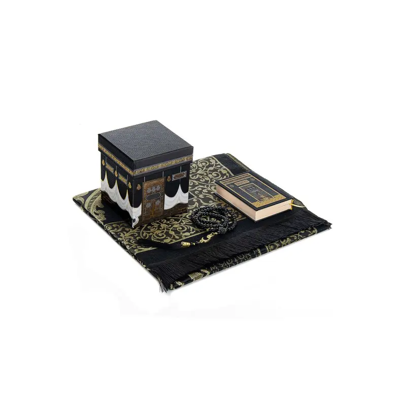 Prayer Rug and Quran Set with Kaaba Patterned Special Box - Black