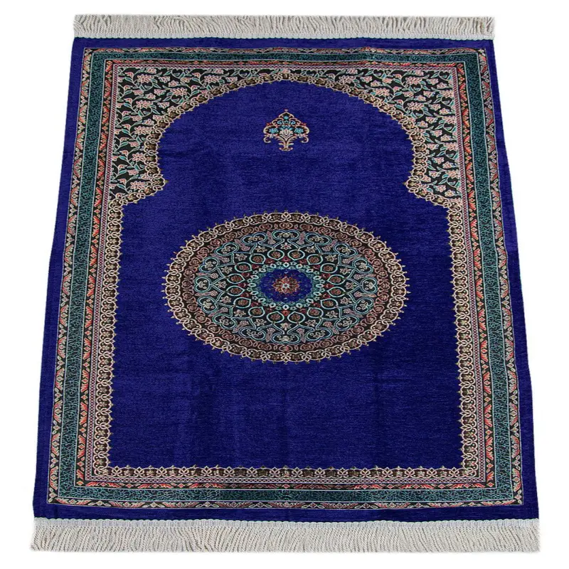 Purple Traditional Motif Knitted Fringed Mihrab Lined Chenille Prayer Rug