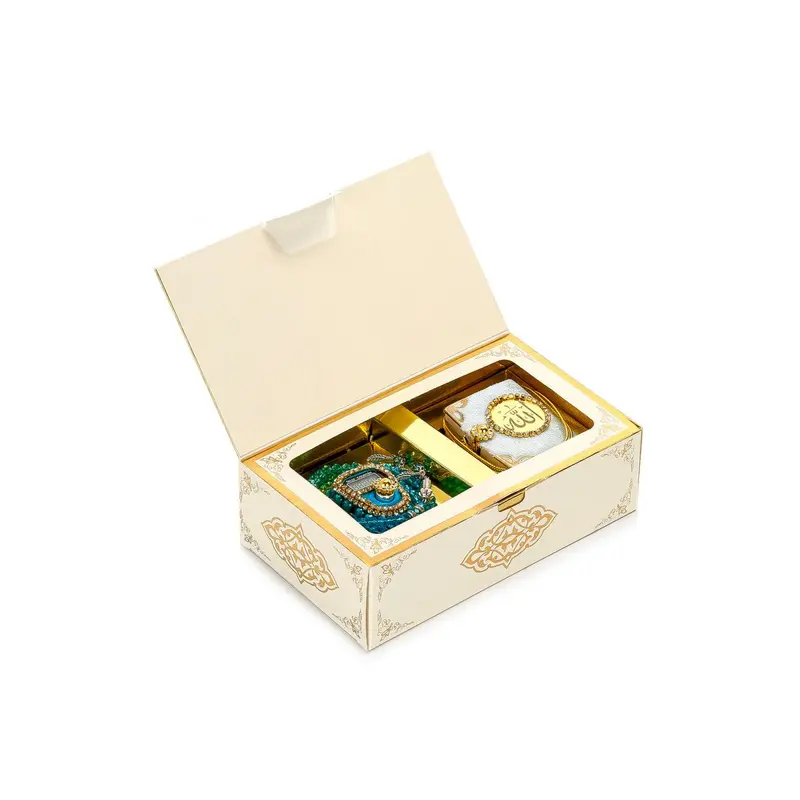 Stone Designed Dhikrmatic and  Mini Quran  Gift Set with Crystal Stone Paryer Bead - Blue Color