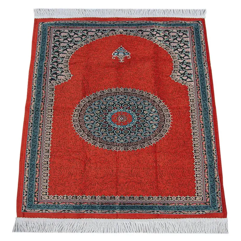 Tile Traditional Motif, Knitted Fringed, Mihrab, Lined Chenille Prayer Rug