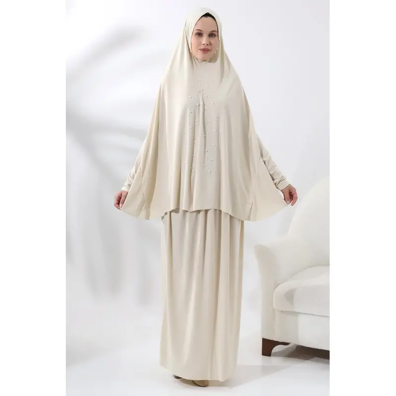Two Piece Practical Prayer Dress with Pearls and Stones, Top and Bottom Cream