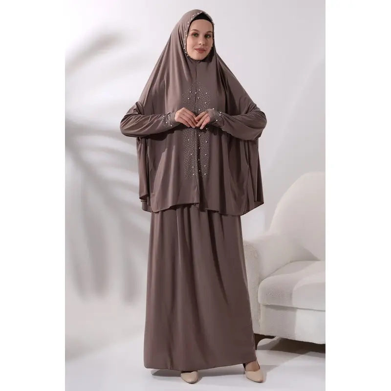 Two Piece Prayer Dress with Pearls and Stones, Bottom and Top, Milk Brown