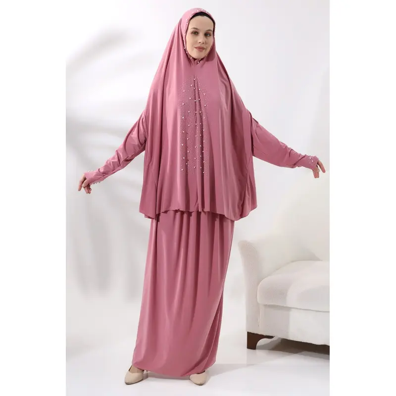 Two Piece Prayer Dress with Pearls and Stones, Top and Bottom Practical Dress Pink