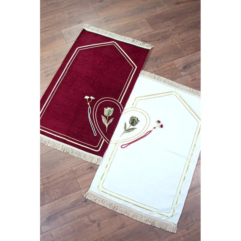 Unlined Chenille Prayer Mat Paired Heart Groom Bride Dowry Double Prayer Mat Set Burgundy Cream