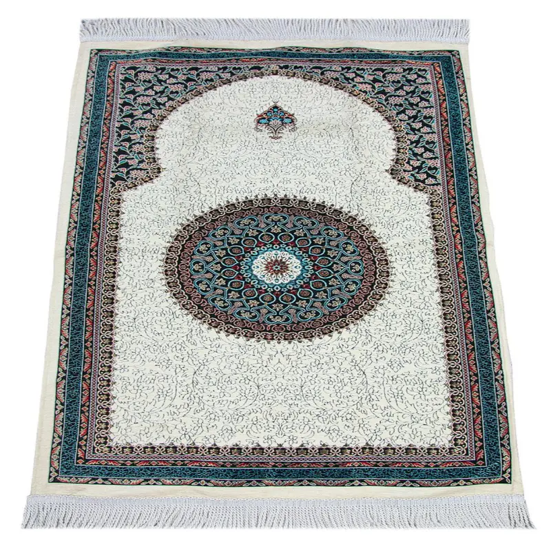 White Traditional Motif Knitted Fringed Mihrab Lined Chenille Prayer Rug
