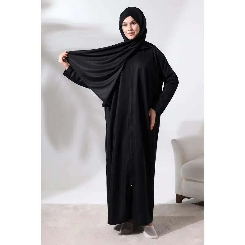 Women's One Piece Zippered Prayer Dress with Headscarf Black