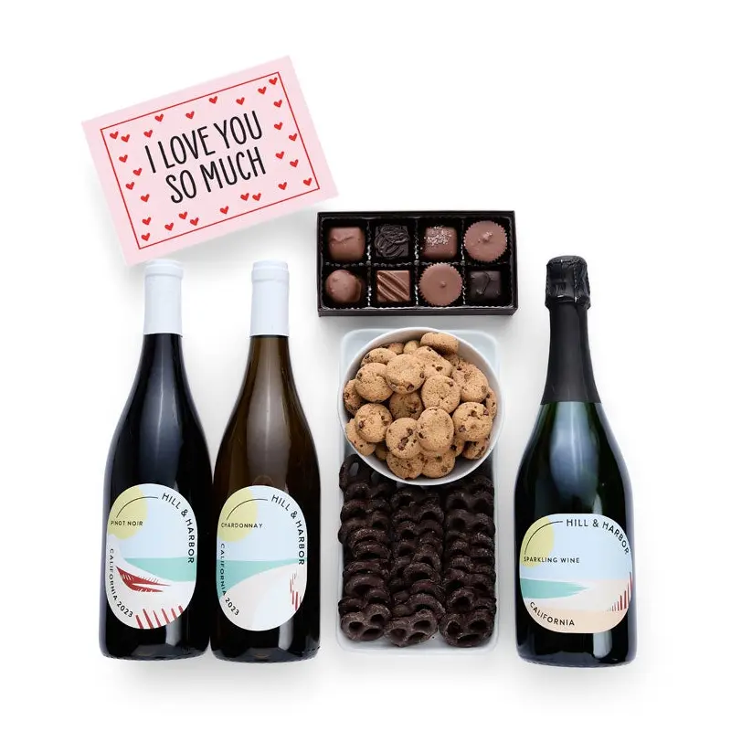 I Love You! Sweet Treats Chocolate Gift Box with California Red, White & Sparkling Wine