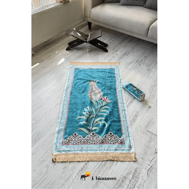 Tulip Motif Prayer Rug with Bag (Blue)