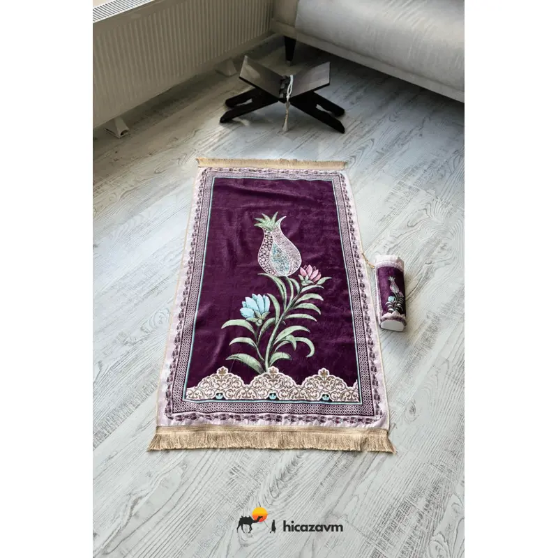 Tulip Motif Prayer Rug with Bag (Purple)