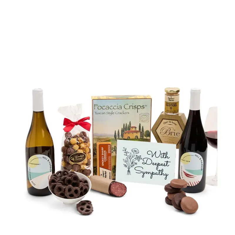 Deepest Sympathy Gourmet Gift Box with Red & White Wine