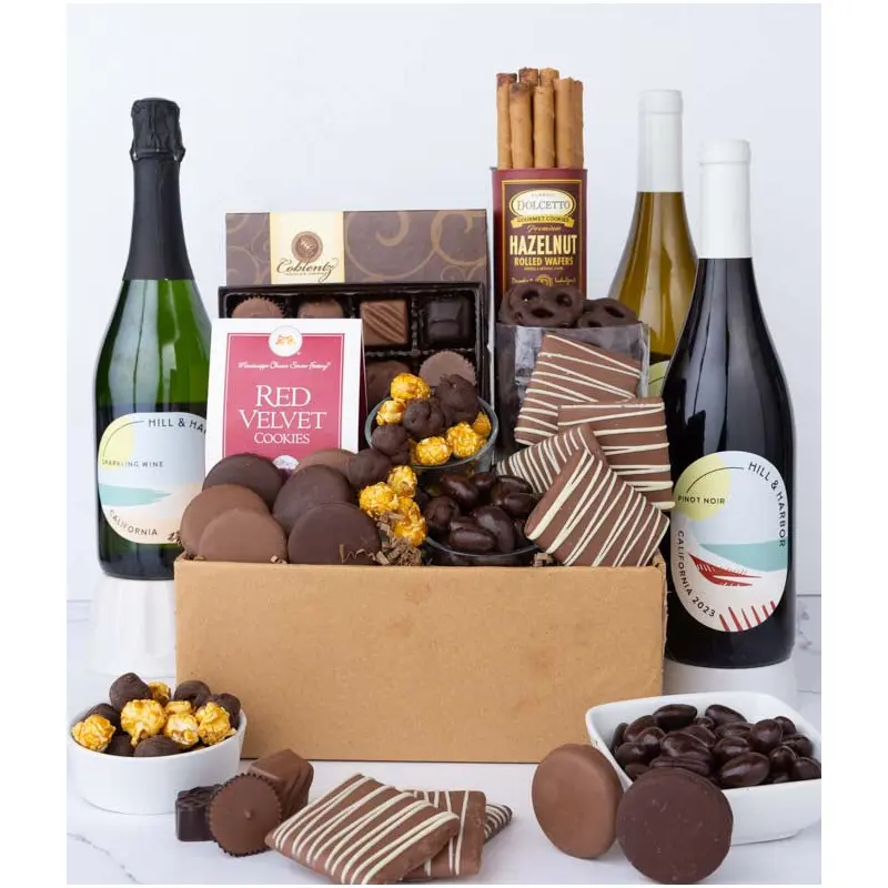 Gourmet Chocolate & Wine Indulgence Gift Box - California Red, White & Sparkling Wine