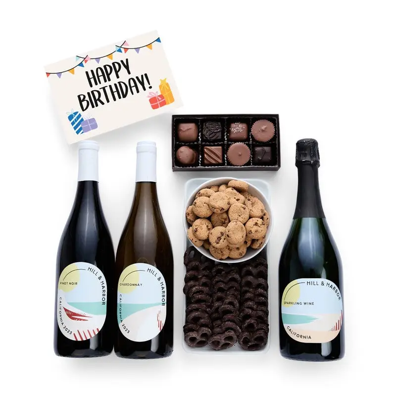 Happy Birthday! Chocolate Gift Box with Red, White & Sparkling Wine