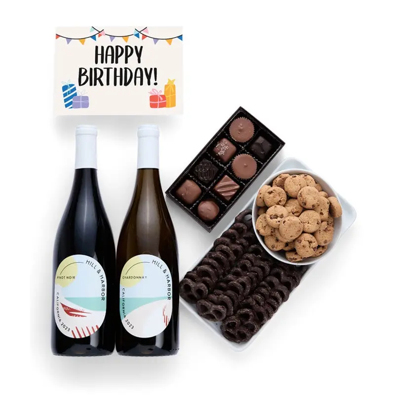 Happy Birthday! Chocolate Gift Box with Red & White Wine