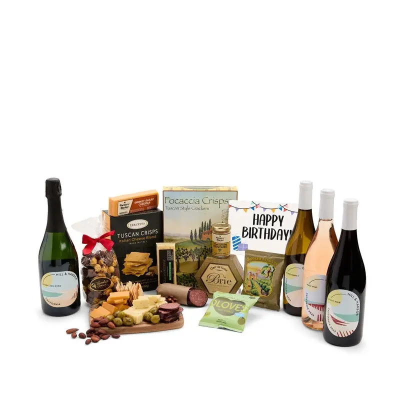 Happy Birthday! Deluxe Charcuterie Gift Box with Red, White, Ros & Sparkling Wine