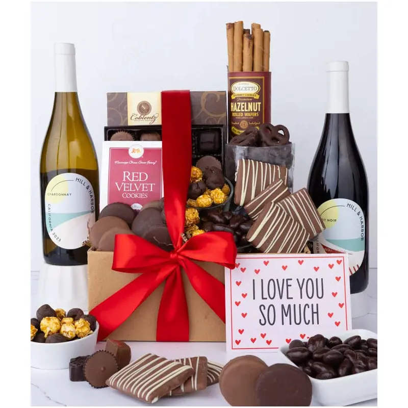 I Love You! Gourmet Chocolate & Wine Indulgence Gift Box - California Red & White Wine