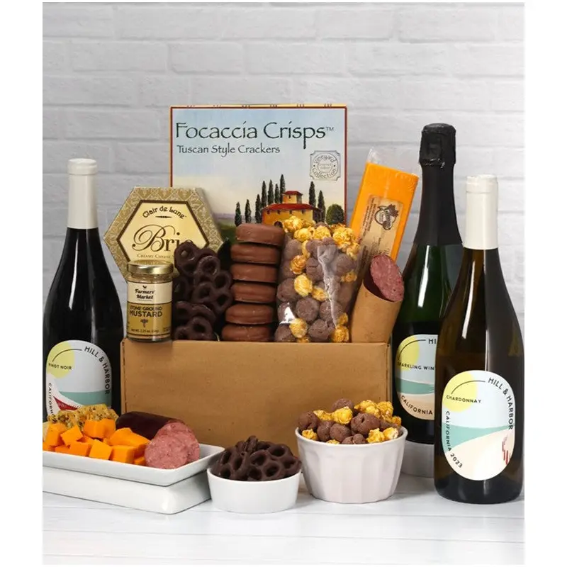 Sweet & Savory Gourmet Gift Box with California Red, White & Sparkling Wine