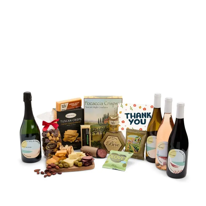Thank You! Charcuterie, Cheese & California Wine Gourmet Gift Box - Red, White, Ros & Sparkling Wine