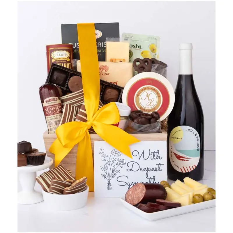 Deepest Sympathy Gourmet Charcuterie & Sweets Gift Basket with Red Wine