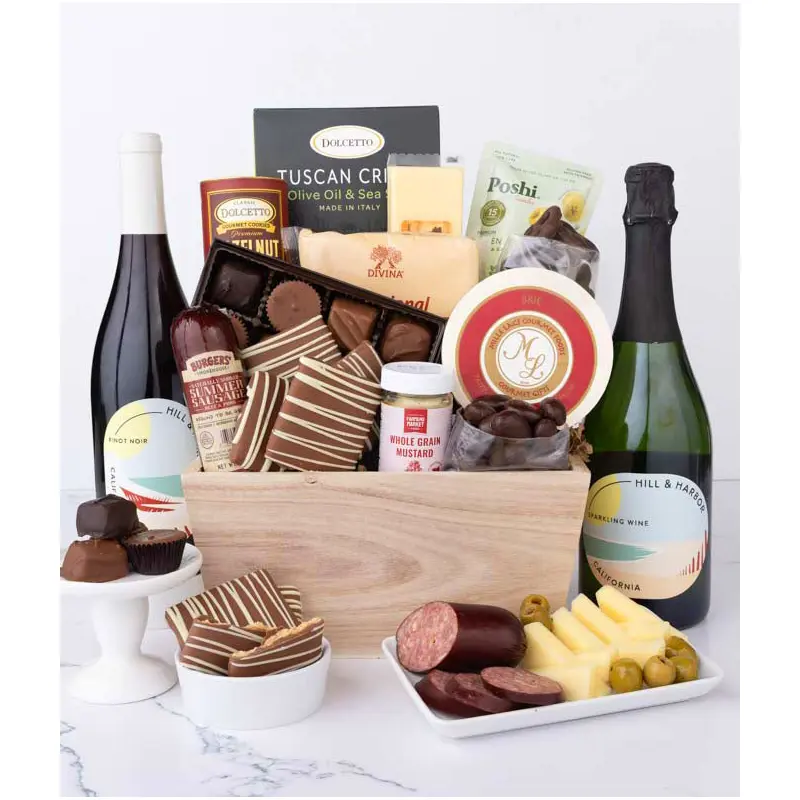 Gourmet Charcuterie & Sweets Gift Basket with Red & Sparkling Wine
