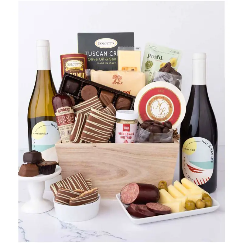 Gourmet Charcuterie & Sweets Gift Basket with Red & White Wine