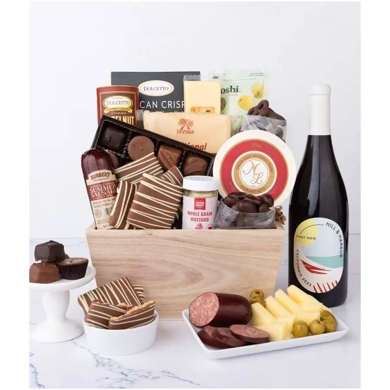 Gourmet Charcuterie & Sweets Gift Basket with Red Wine