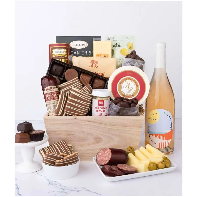 Gourmet Charcuterie & Sweets Gift Basket with Ros Wine
