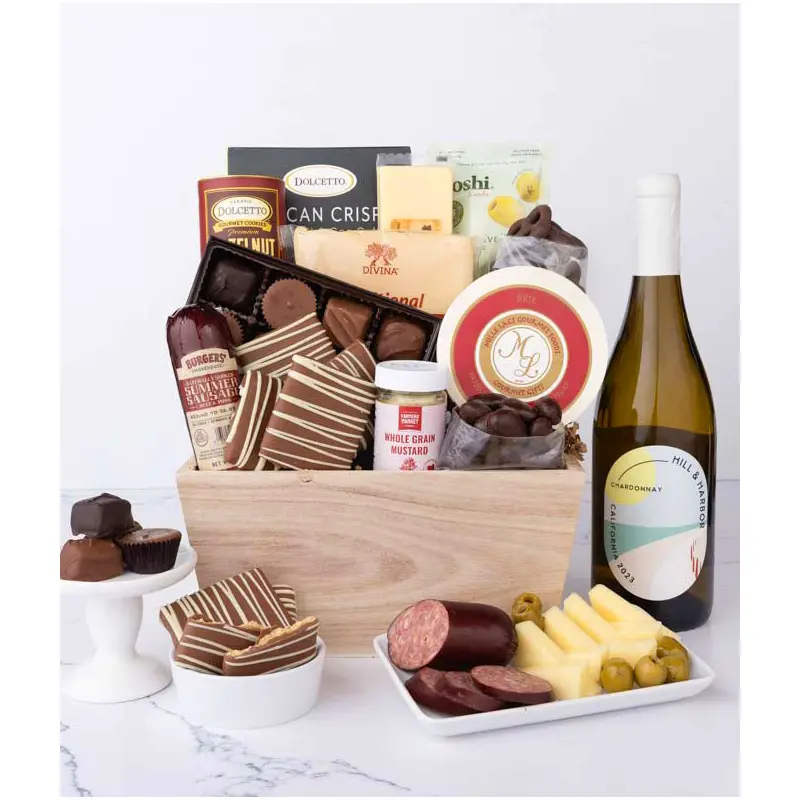 Gourmet Charcuterie & Sweets Gift Basket with White Wine