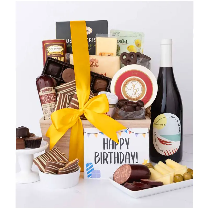 Happy Birthday! Gourmet Charcuterie & Sweets Gift Basket with Red Wine