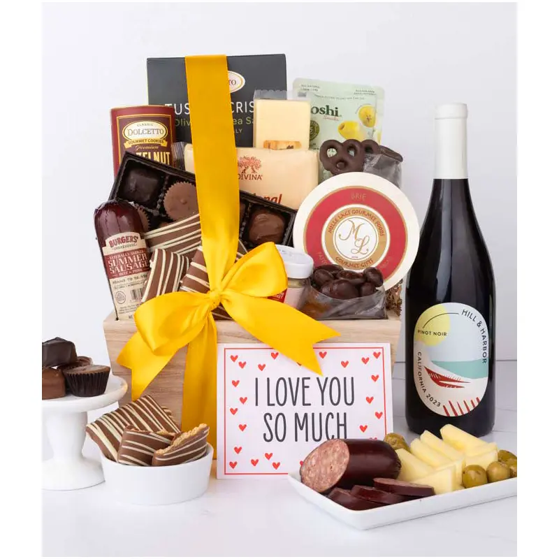 I Love You! Gourmet Charcuterie & Sweets Gift Basket with Red Wine