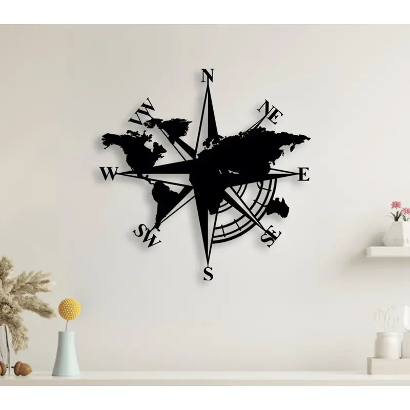 NR Dizayn | Compass with World Map Decorative Metal Wall Art
