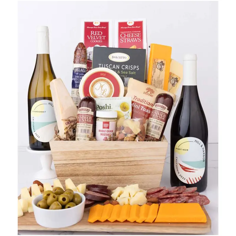 Premium Charcuterie & Cheese Basket with Red & White Wine