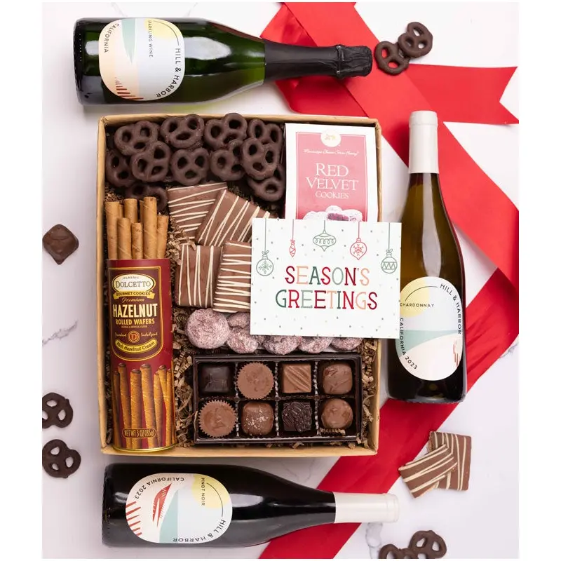 Season's Greetings Chocolate & Sweets Gift Box with Red, White & Sparkling Wine