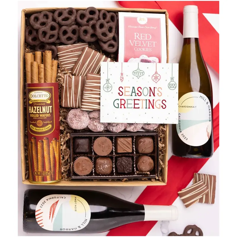 Season's Greetings Chocolate & Sweets Gift Box with Red & White Wine