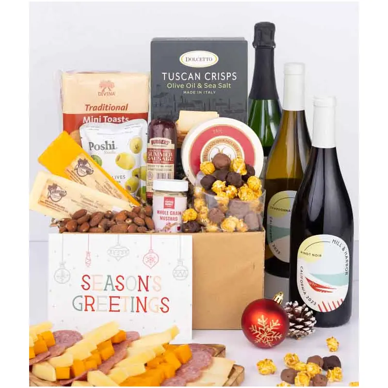Season's Greetings Deluxe Charcuterie & Cheese Gift Box with Red, White & Sparkling Wine